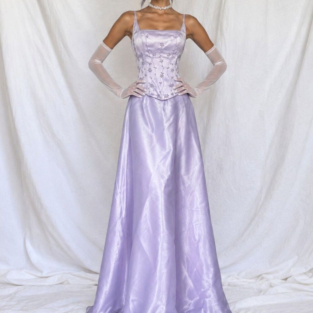 Vintage Y2K Pastel Purple Floral Beaded Satin Flared Corset Maxi Prom Dress S